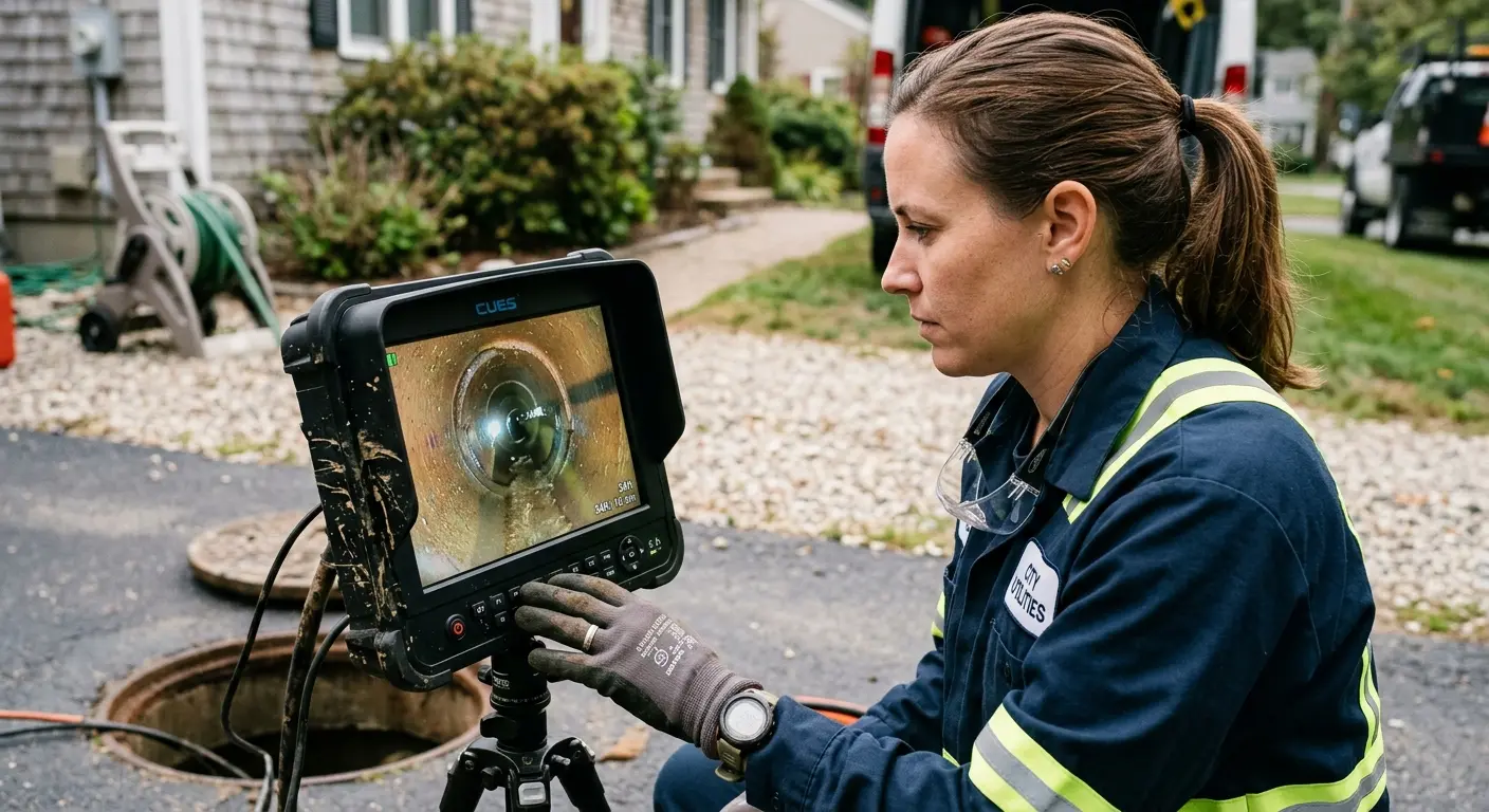 Technician reviewing sewer camera inspection footage in Cherry Hills Village