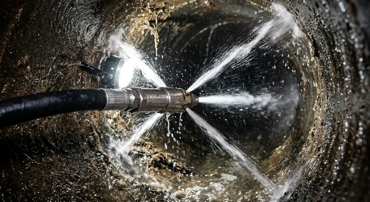 High-pressure hydro jetting nozzle cleaning sewer pipe for Storm Drain Cleaning in Cherry Hills Village
