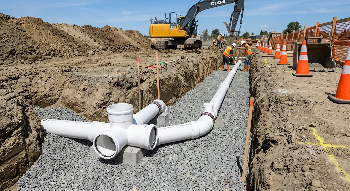 New PVC sewer pipe installation in open trench for Sewer Backup in Cherry Hills Village