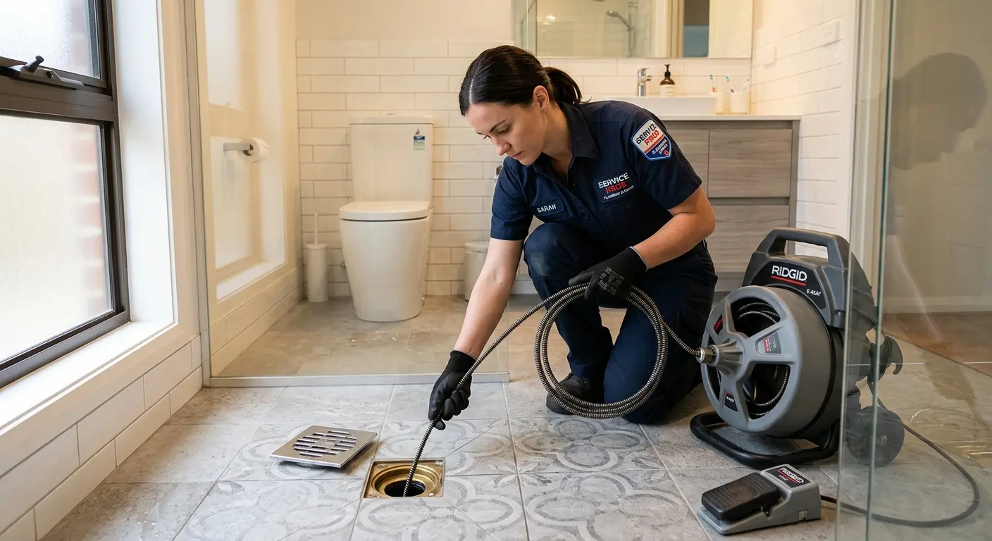 Technician clearing a bathroom floor drain for Drain Cleaning in Cherry Hills Village